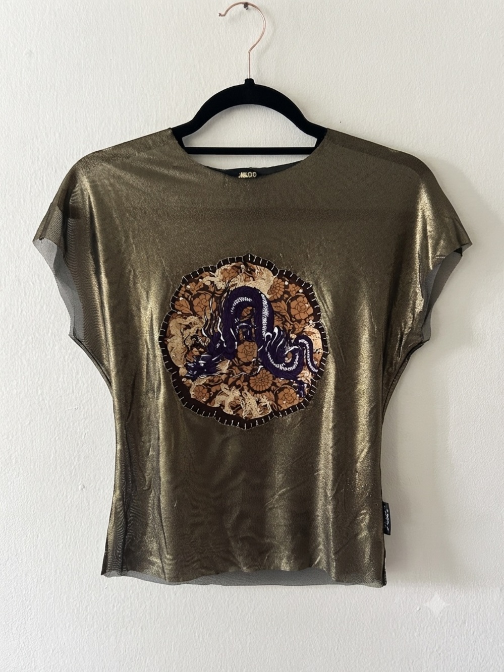 VTG Y2K JNCO Mesh Gold Foil Dragon 🐉 Graphic Tee Embroidered Medallion Medium